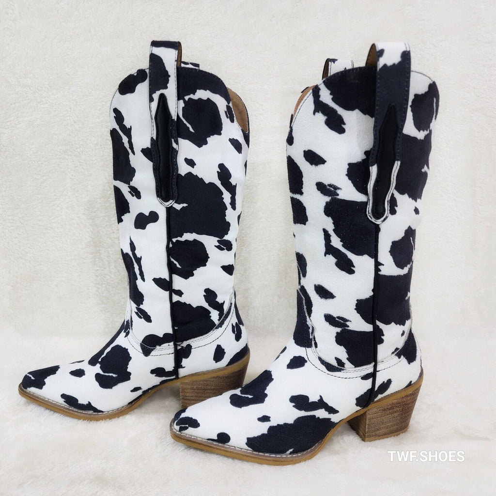 Western Rancher Faux Suede Black White Cow Print Cowboy Pull On Cowgirl Boots - Totally Wicked Footwear