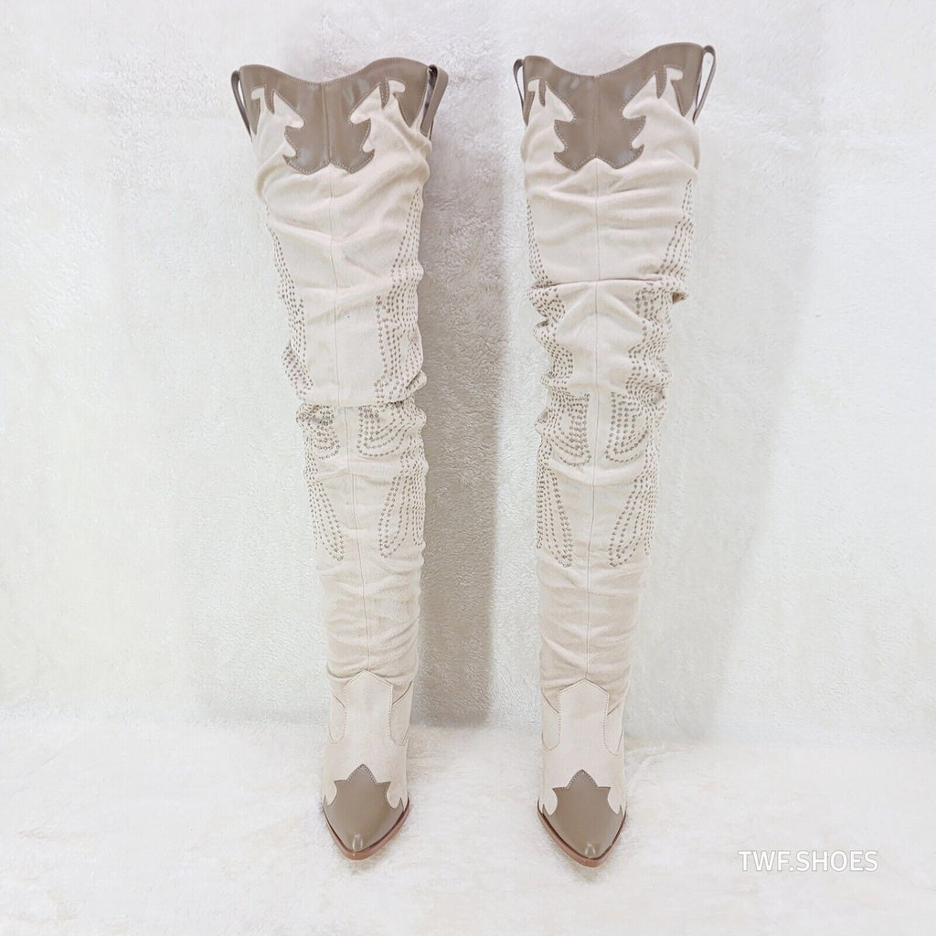 Iconic Country Western Thigh high Cowgirl Boots Cream Taupe Trim - Totally Wicked Footwear