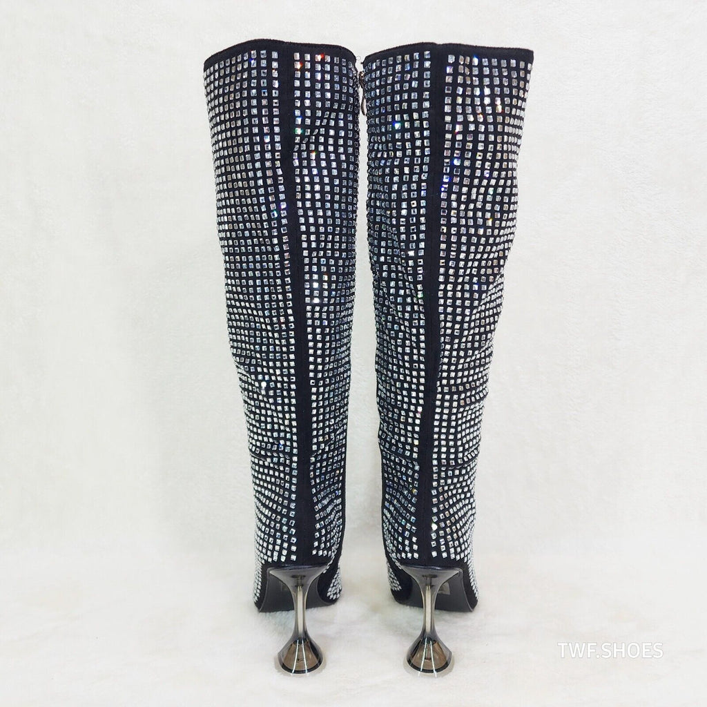 Glamour Shot Mirrored Rhinestone Tinted 4" Pyramid Heel Knee Boots Black - Totally Wicked Footwear