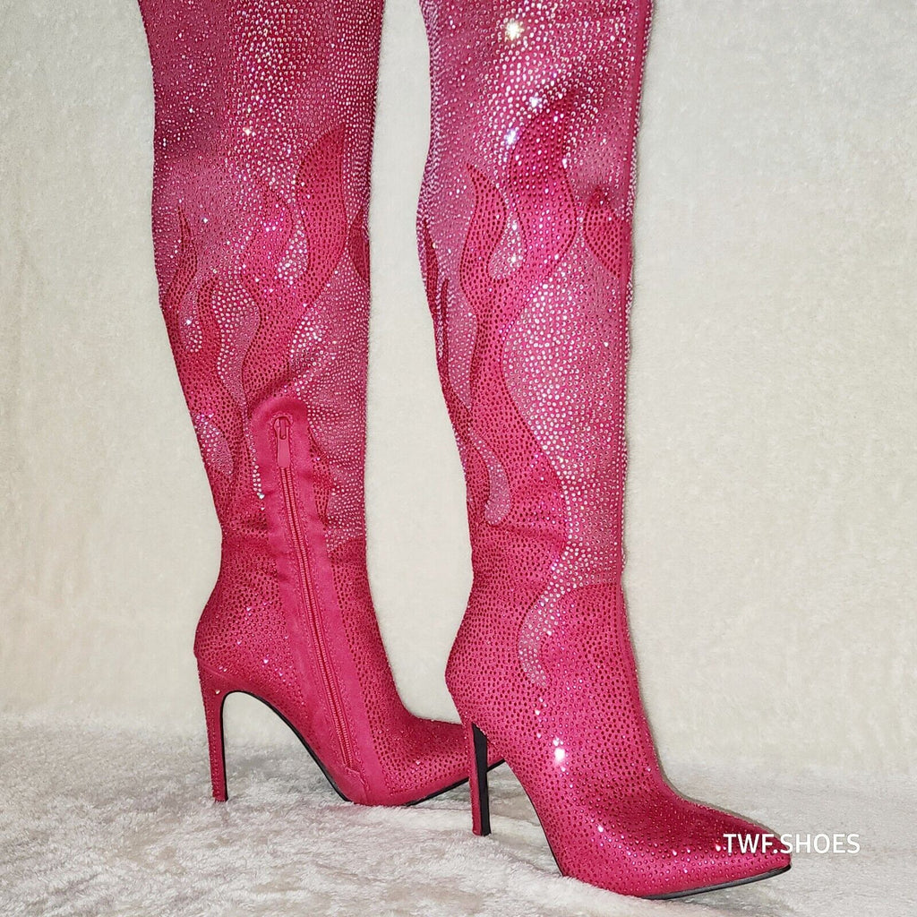 Fiery Desire Hot Fuchsia Pink Rhinestone Flame Detail Sexy OTK Thigh Boots - Totally Wicked Footwear