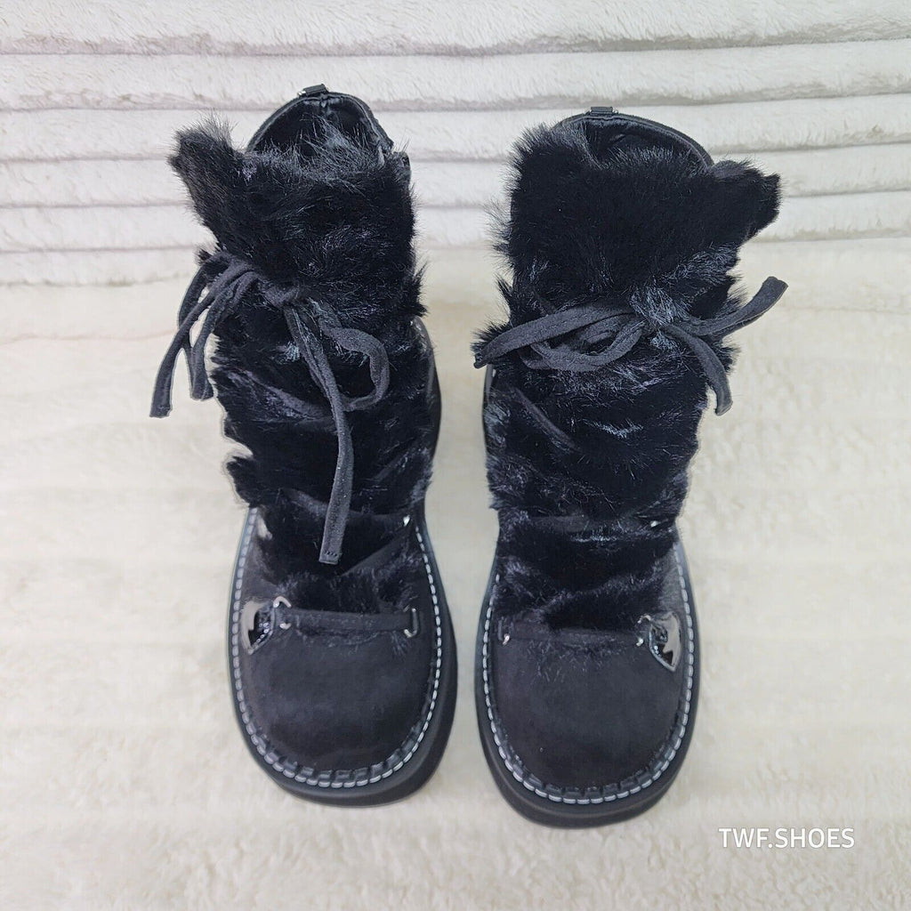 Emily Black Furry Heart Chain Goth 2" Platform Ankle Boots 55 Faux Fur - Totally Wicked Footwear