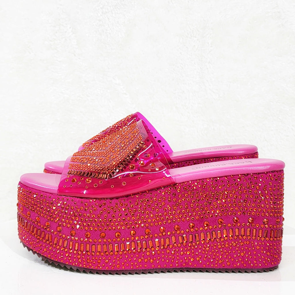 Dazzle Hot Pink Slip On 3" Platform Sparkling Rhinestone Flatform Sandals - Totally Wicked Footwear