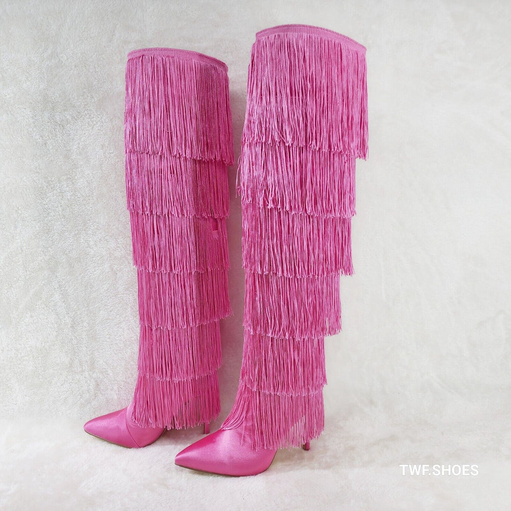 Gogo Fringed Thread Tassle OTK Thigh High Pink Satin High Heel Boots - Totally Wicked Footwear
