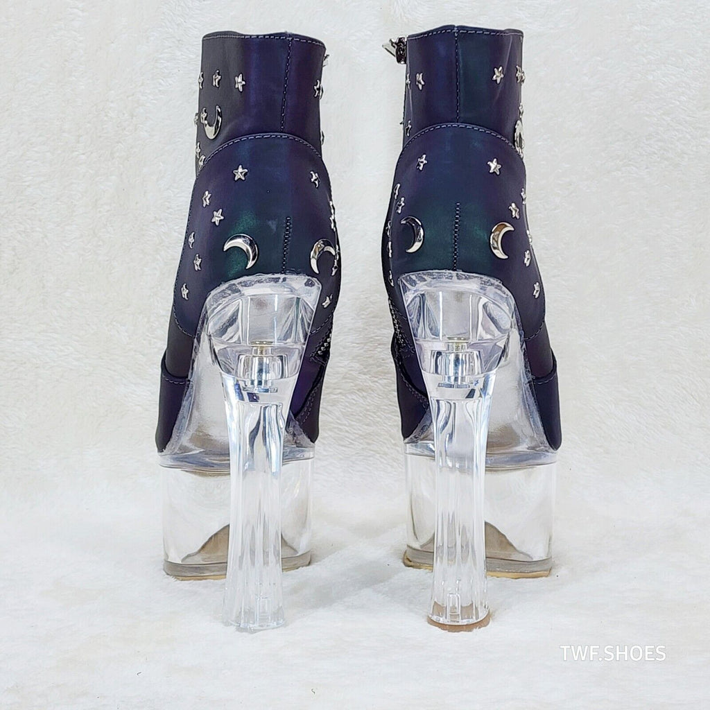 Ocho Purple Multi Reflective Ankle Boots Clear Platform & Chunky Heels Moon Star - Totally Wicked Footwear