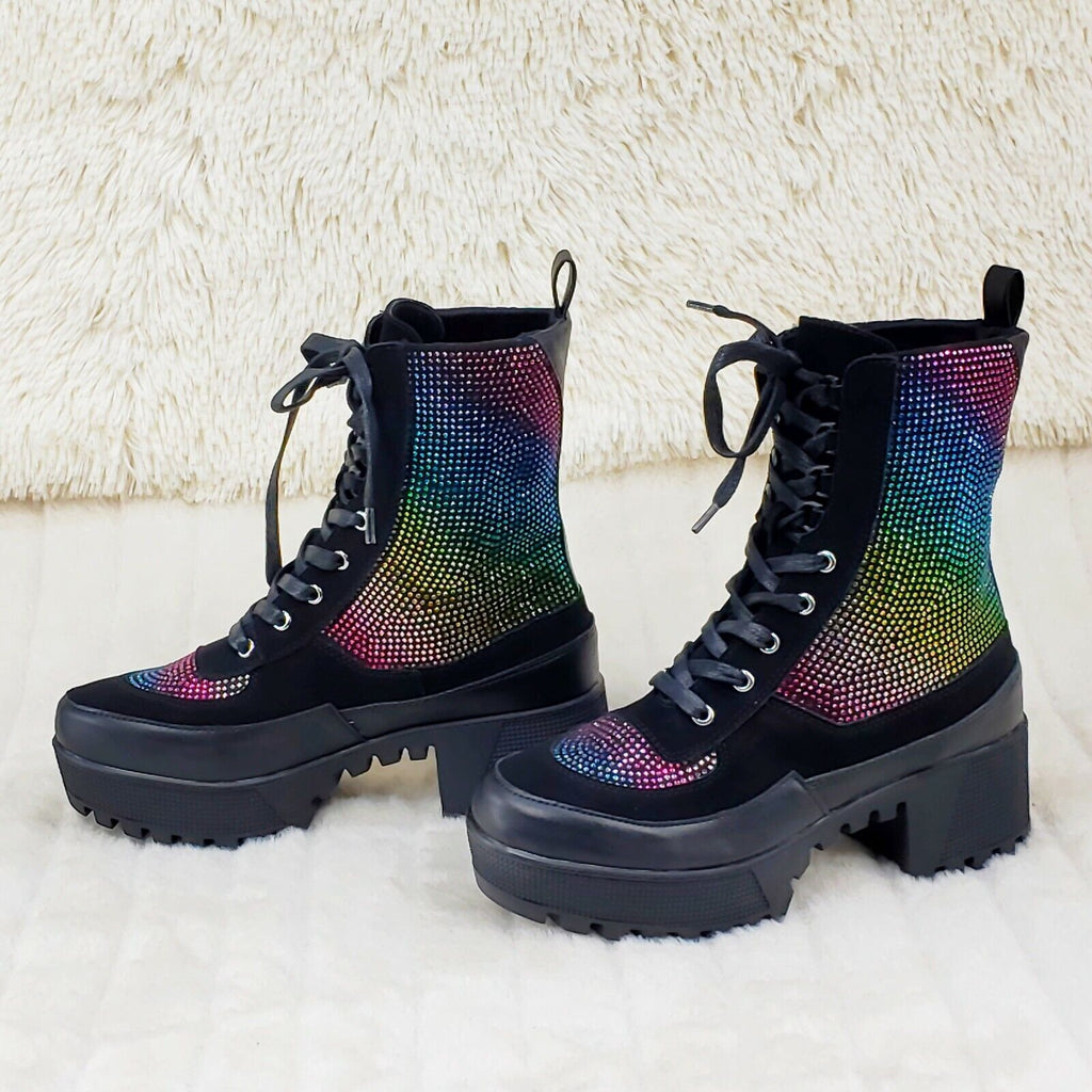 Queen Pin 2 Rainbow Rhinestone Lace Up Platform Combat Ankle Boots Restocked - Totally Wicked Footwear
