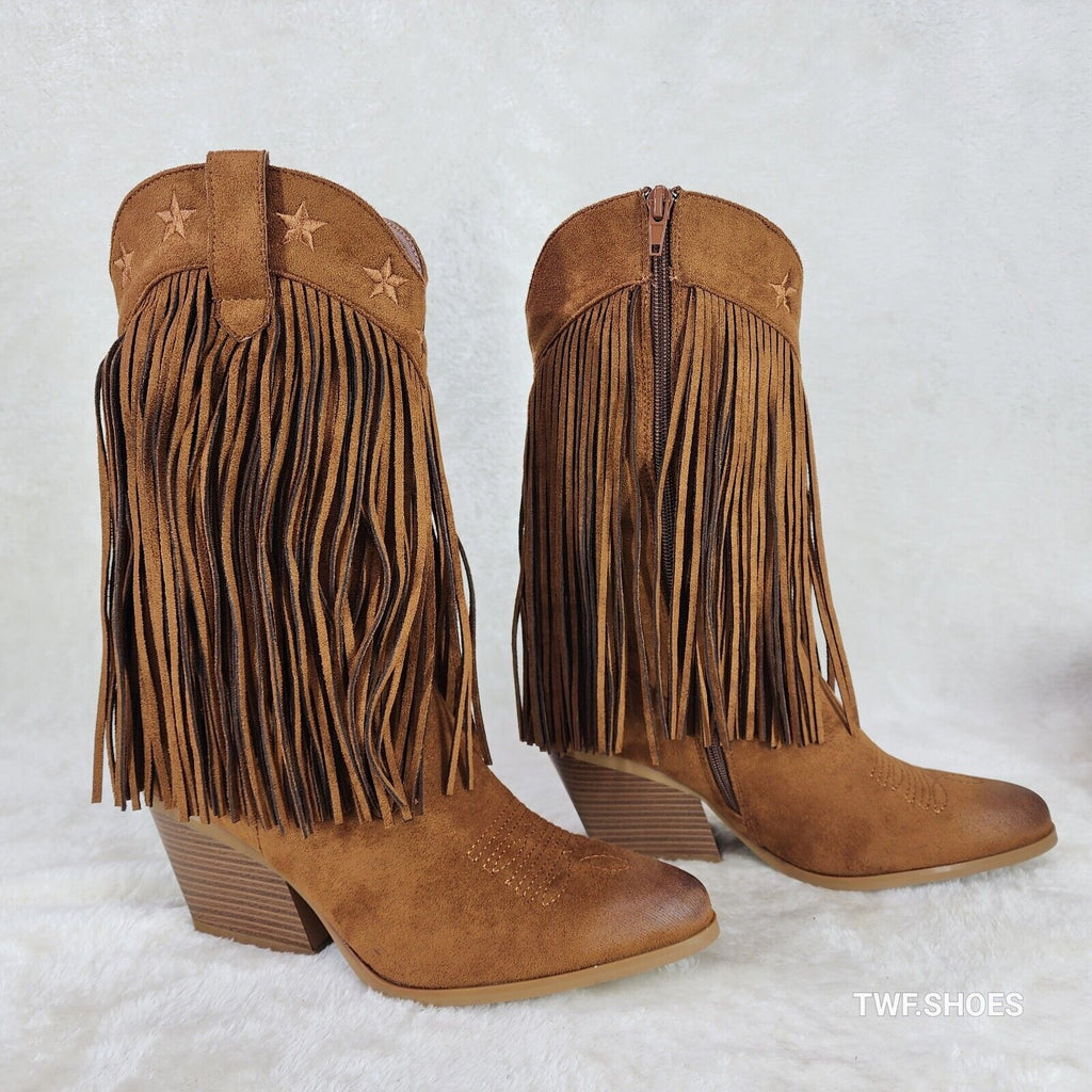 Dusty Trails Mid Calf Whiskey Brown Fringe Country Western Cowgirl Boots - Totally Wicked Footwear