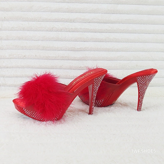 Elegance Marabou Feather Slip On Platform Sandals 5" Stiletto Heel Shoes red - Totally Wicked Footwear