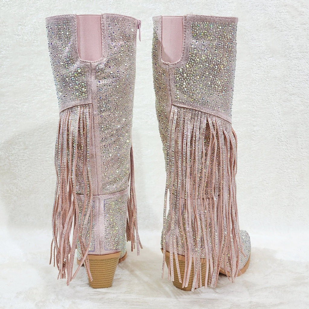 Western Diva Baby Pink Asymmetrical Fringe Rhinestone Glam Cowgirl Boots - Totally Wicked Footwear