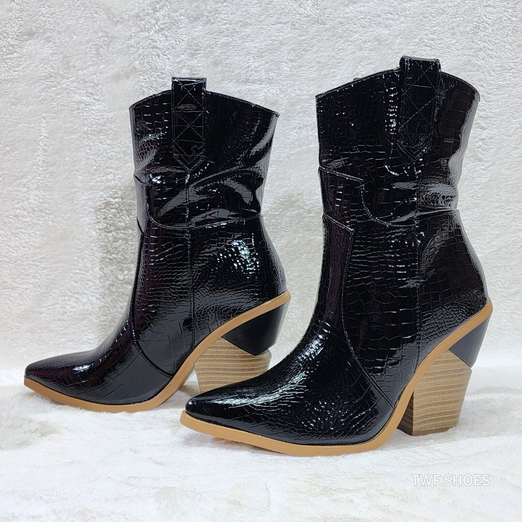 Twisted Black Patent Country Western Cowgirl Ankle Boots 2 Tone Split Cut Heels - Totally Wicked Footwear