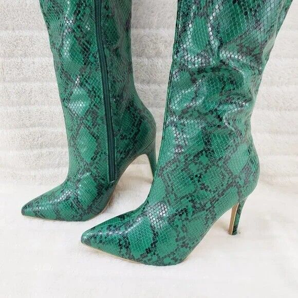 Brand New Bad Girlz Green Snake Wide Top Thigh High Heel Boots - Totally Wicked Footwear