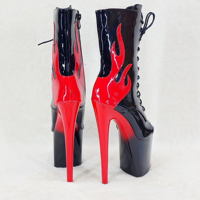 Bulls Black Patent Open Toe Red Flame Platform High Heel Mid Calf Boots - Totally Wicked Footwear