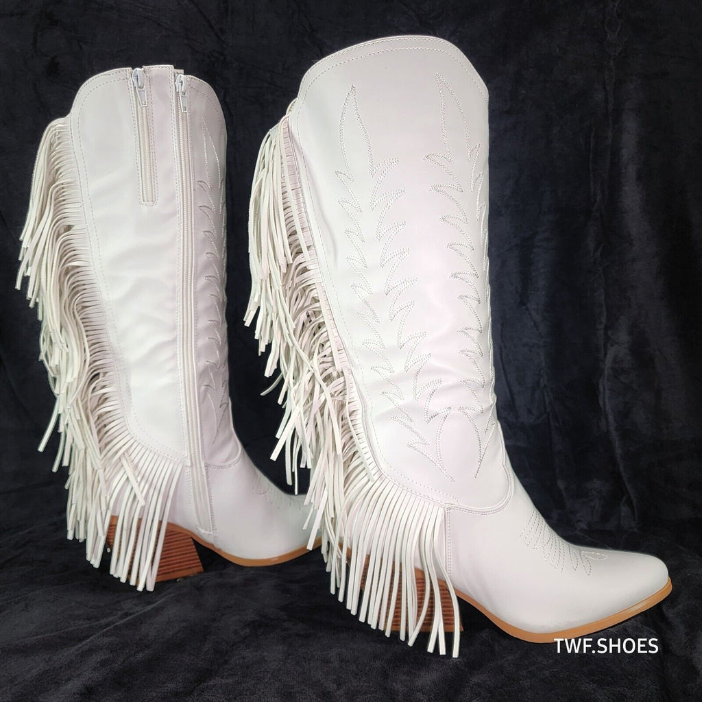 Dusty Roads Bright White Back Fringe Country Western Cowgirl Boots - Totally Wicked Footwear