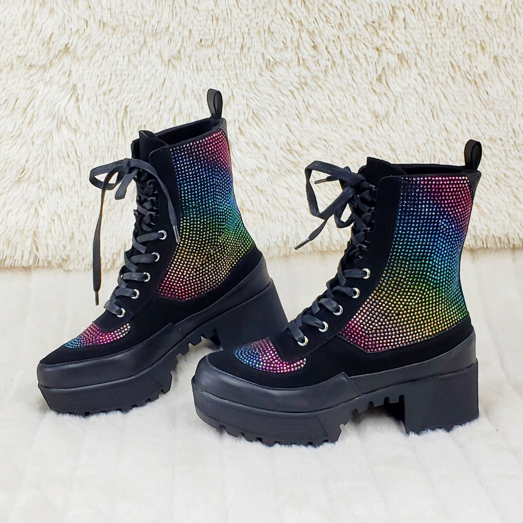 Queen Pin 2 Rainbow Rhinestone Lace Up Platform Combat Ankle Boots Restocked - Totally Wicked Footwear
