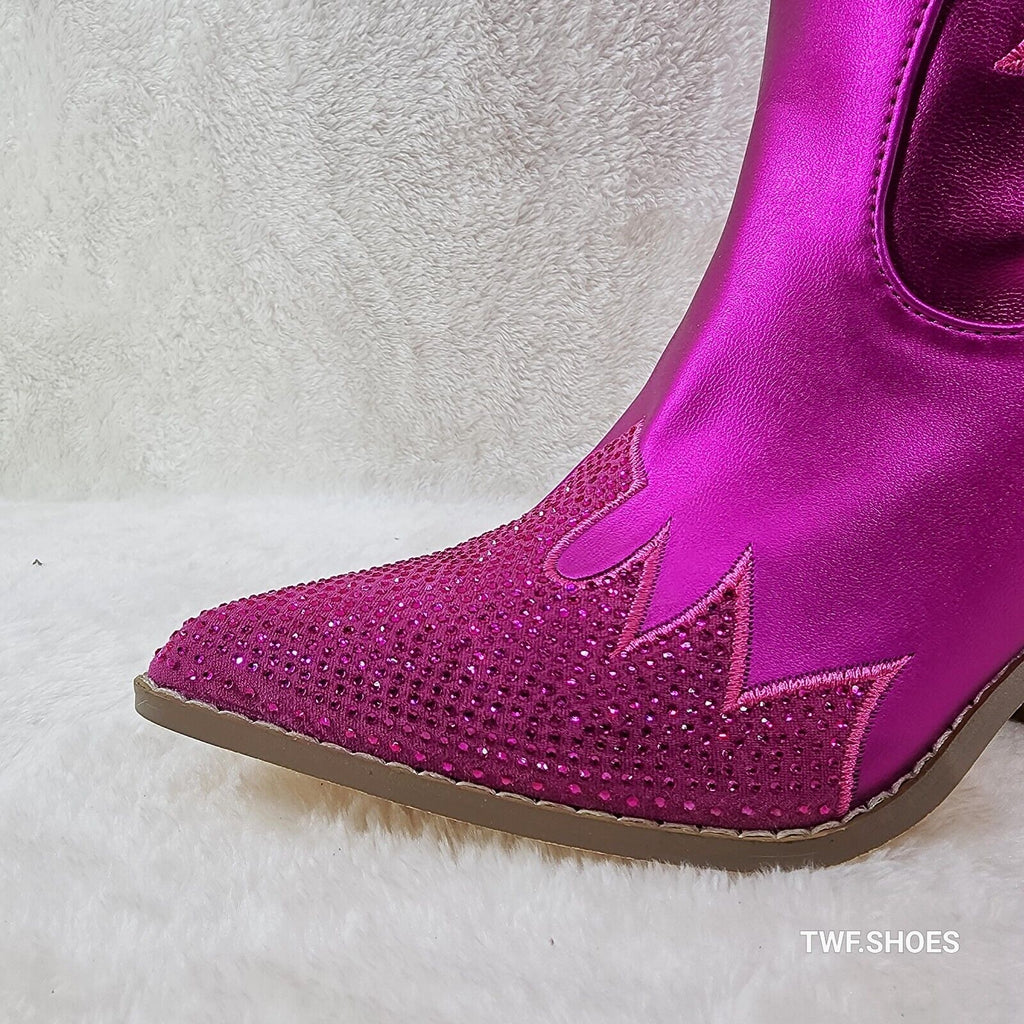 Flash Brush Metallic Matte Rhinestone Western Knee High Cowgirl Boots Hot Pink - Totally Wicked Footwear