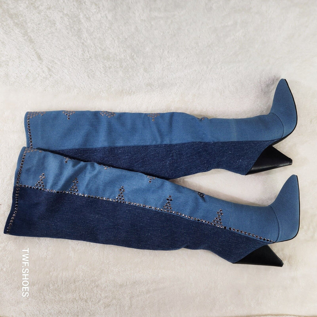 Western Flare Denim Boots Cone Heels Button Studs OTK Pull On Thigh High Boot - Totally Wicked Footwear