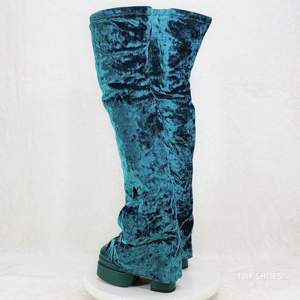 Unique Thigh High Green Velvet Fold over Skirted Chunky Heel Platform Boots - Totally Wicked Footwear