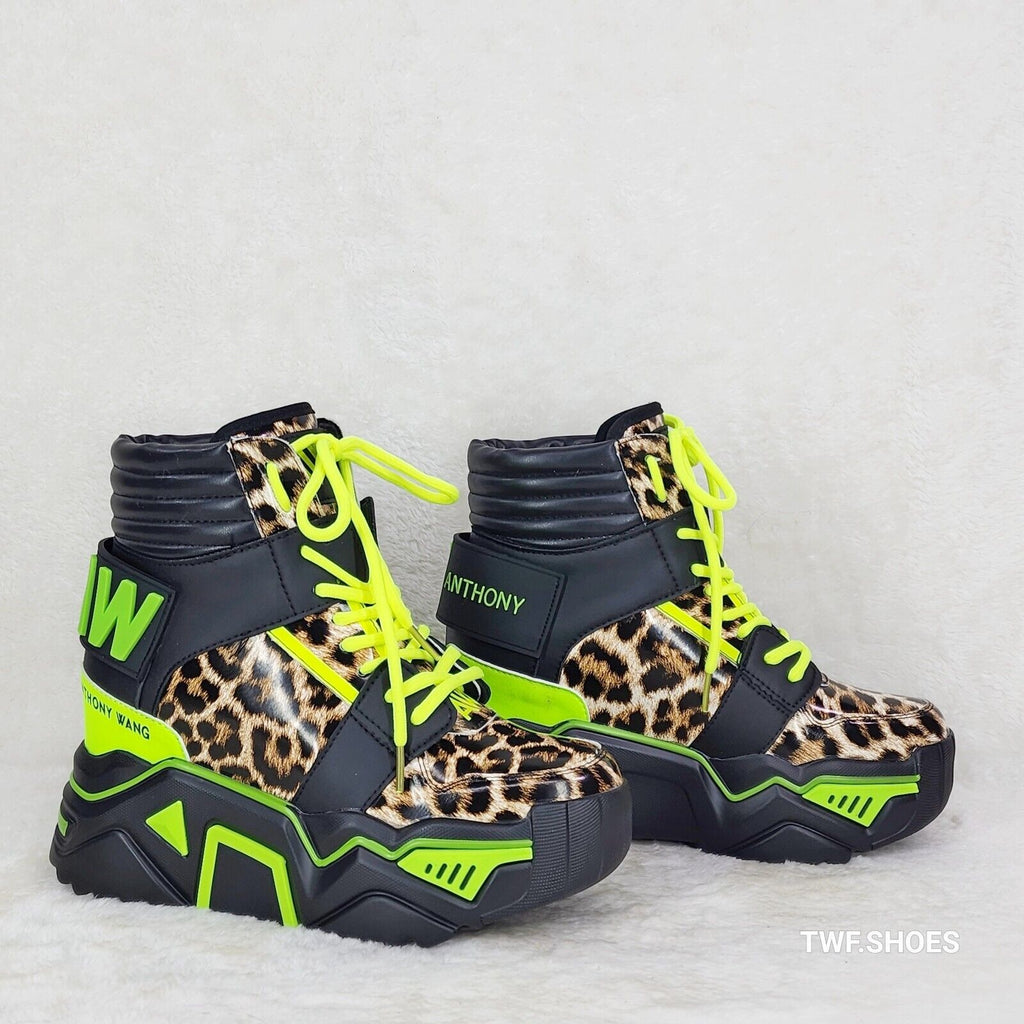 Wang Damson Lime Leopard Platform Hi-Top Sneaker Boots Hidden Wedge - Totally Wicked Footwear