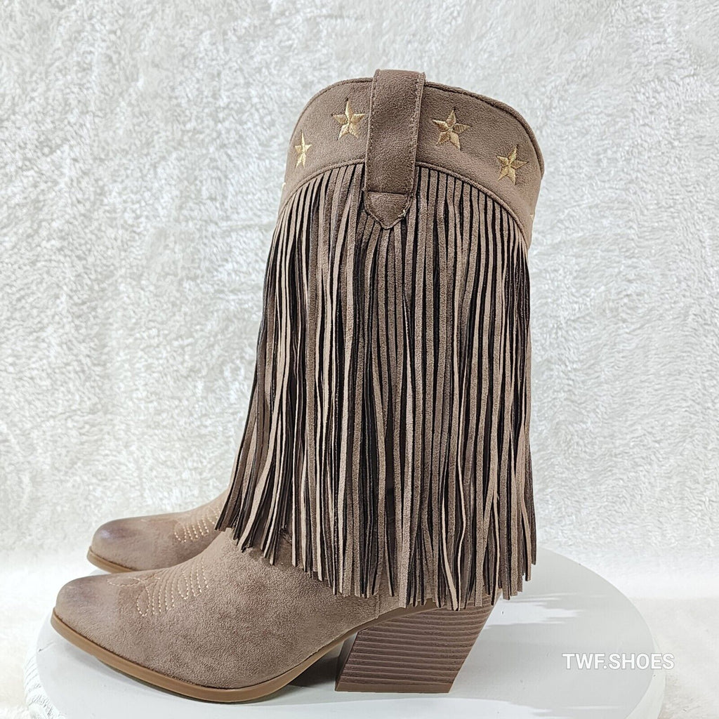 Dusty Mid Calf Coco Taupe Fringe Country Western Cowgirl Boots - Totally Wicked Footwear