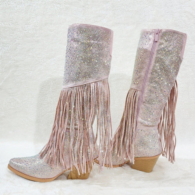 Western Diva Baby Pink Asymmetrical Fringe Rhinestone Glam Cowgirl Boots - Totally Wicked Footwear