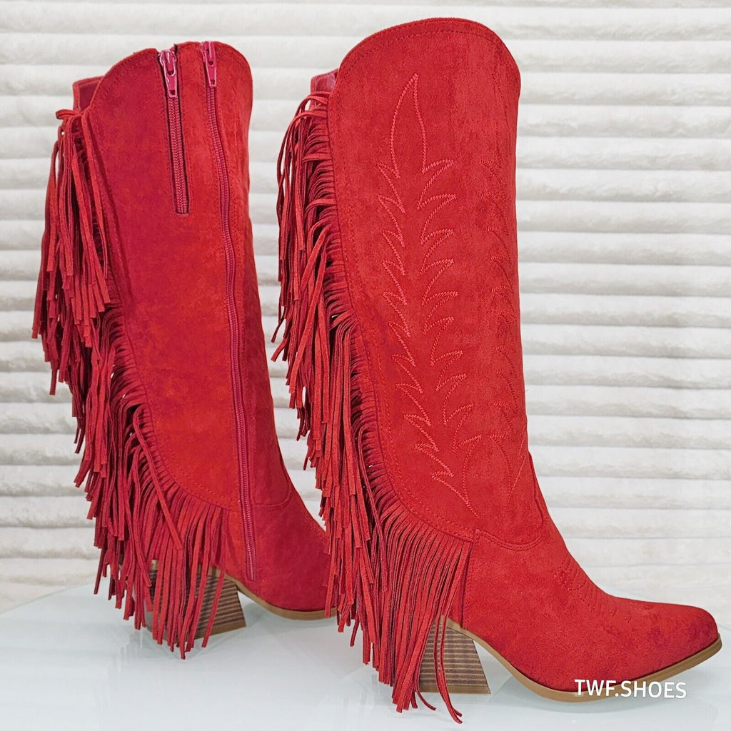 Dusty Roads Red Faux Suede Back Fringe Western Cowgirl Boots - Totally Wicked Footwear