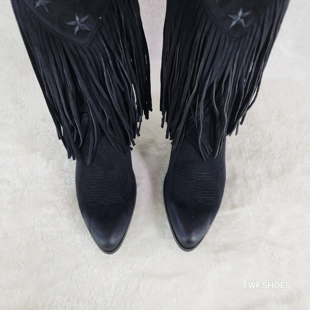 Dusty Trails Mid Calf Jet Black Fringe Country Western Cowgirl Boots - Totally Wicked Footwear
