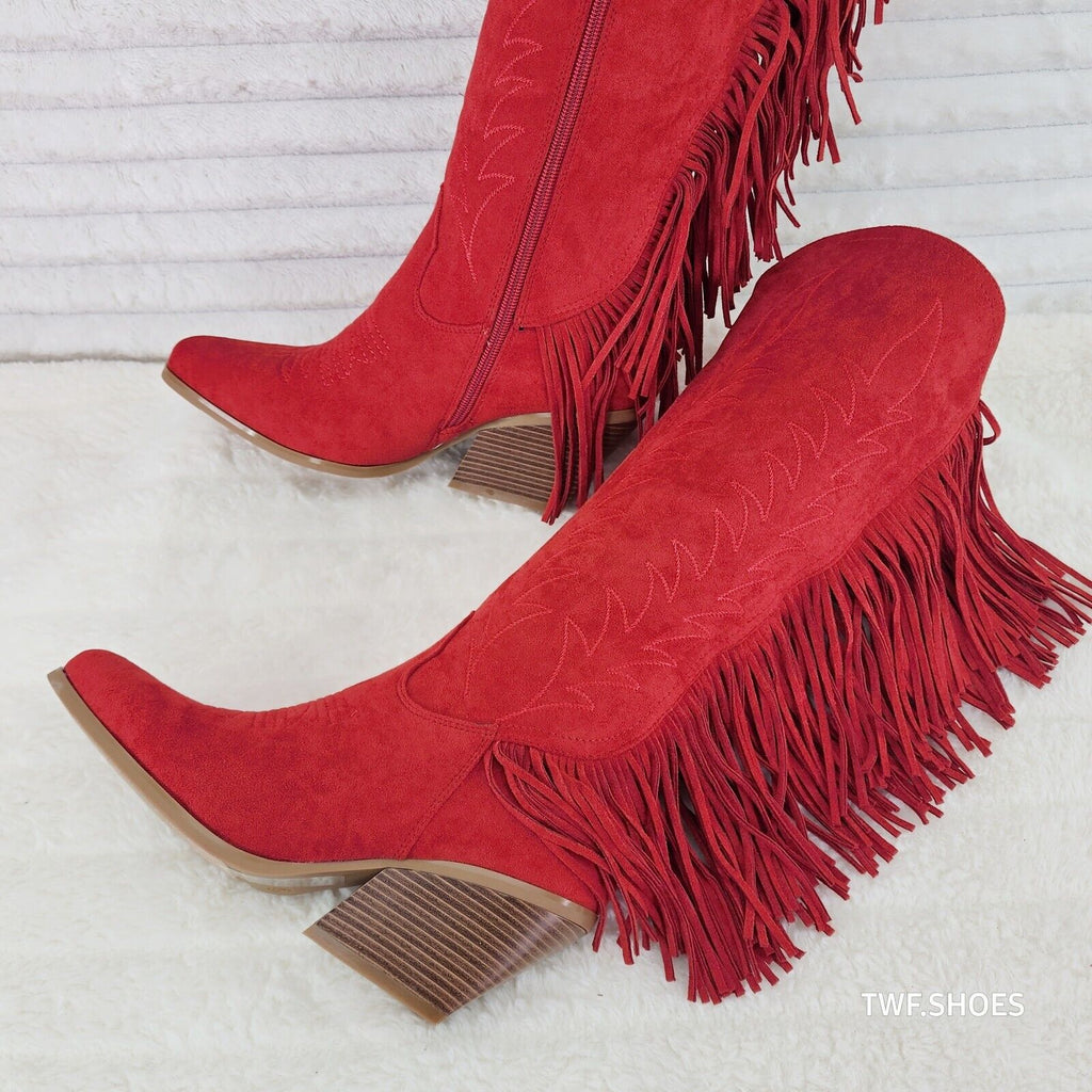 Dusty Roads Red Faux Suede Back Fringe Western Cowgirl Boots - Totally Wicked Footwear