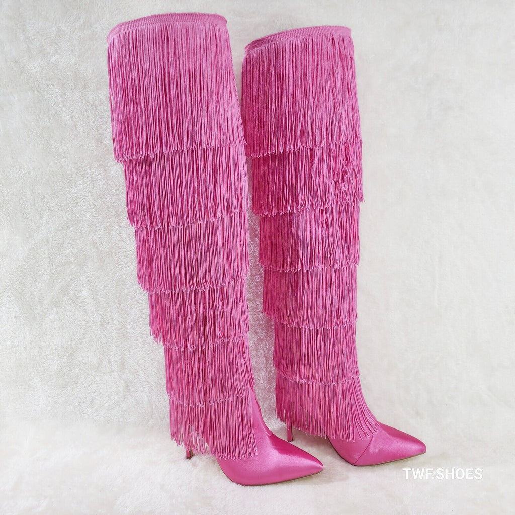 Gogo Fringed Thread Tassle OTK Thigh High Pink Satin High Heel Boots - Totally Wicked Footwear