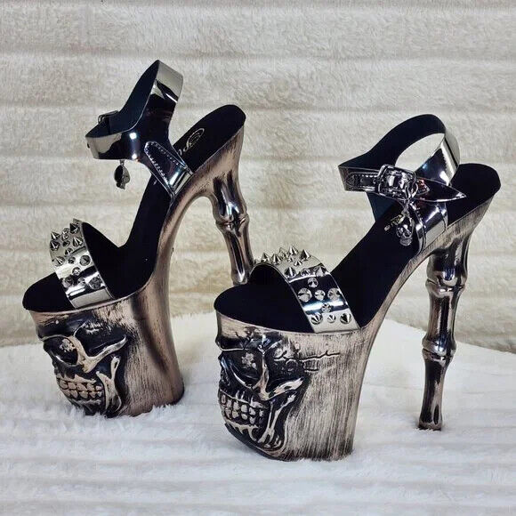 Rapture Silver Pewter Spike Skull & Bones LED 8" High Heel Platform Shoes NY - Totally Wicked Footwear