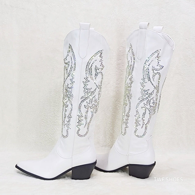 Razzle White Country Western Cowgirl Knee Boots Rhinestone Dazzle - Totally Wicked Footwear