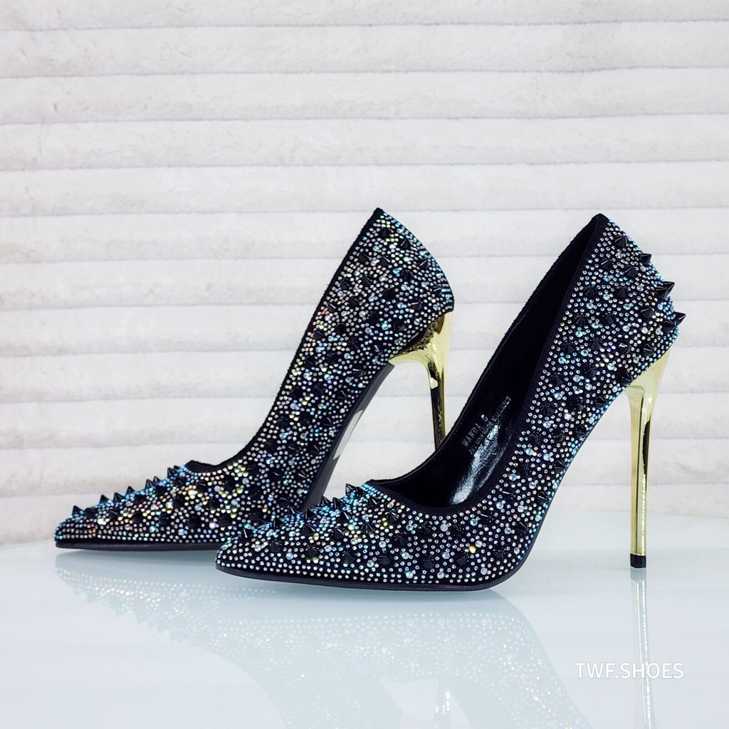 Wicked Sexy Spike Stud Iridescent Rhinestone High Heel Pump Shoes Black - Totally Wicked Footwear