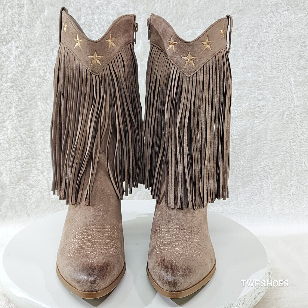 Dusty Mid Calf Coco Taupe Fringe Country Western Cowgirl Boots - Totally Wicked Footwear