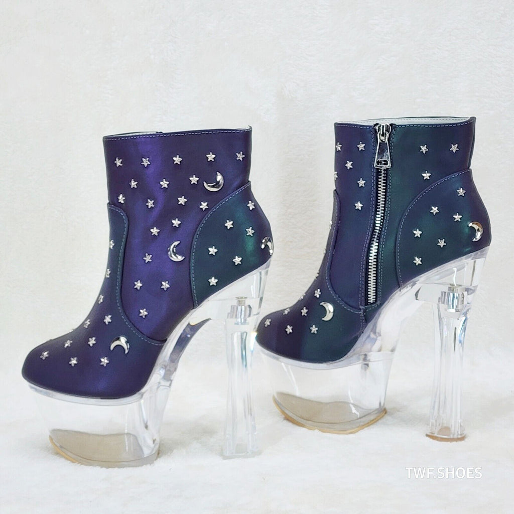 Ocho Purple Multi Reflective Ankle Boots Clear Platform & Chunky Heels Moon Star - Totally Wicked Footwear