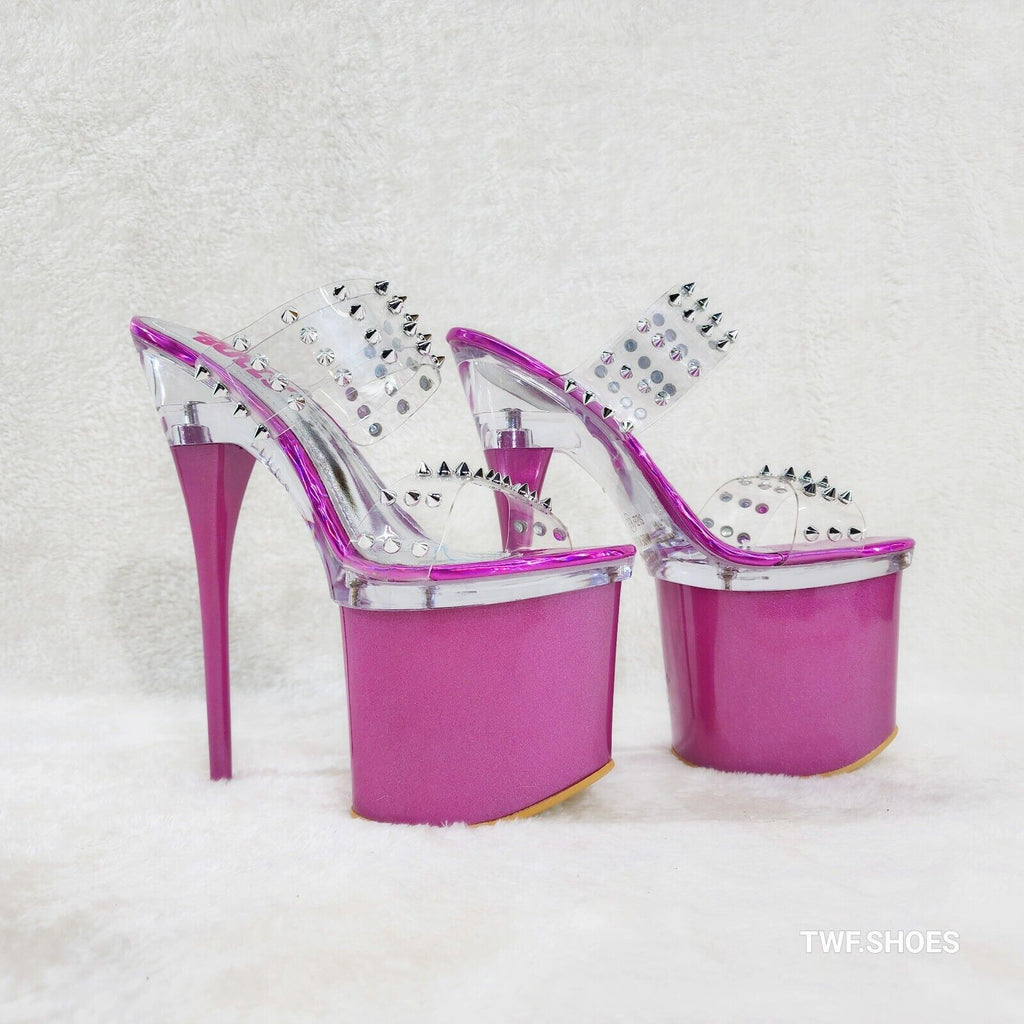 Bulls Sleek Slim 8" Towering Platform Heels Purple Double Clear Spiked Straps Sl - Totally Wicked Footwear