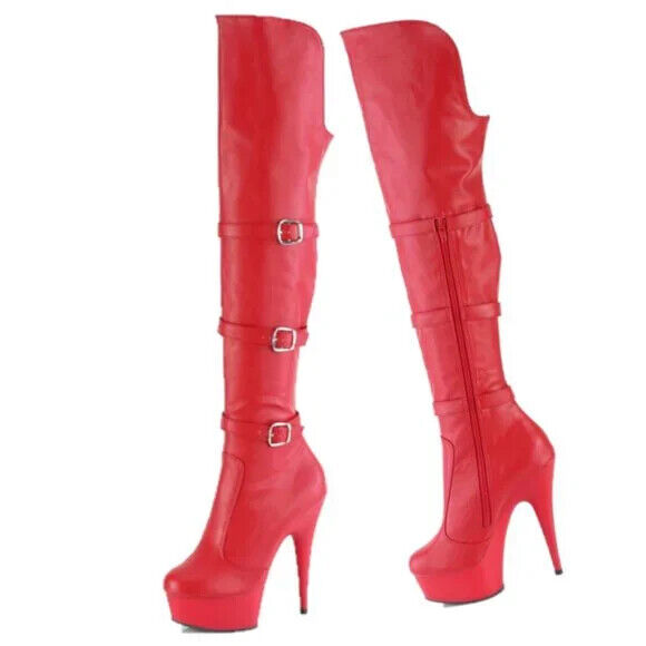 Delight 3018 Red Vegan Leather OTK Over the Knee Platform Thigh Boots - Totally Wicked Footwear