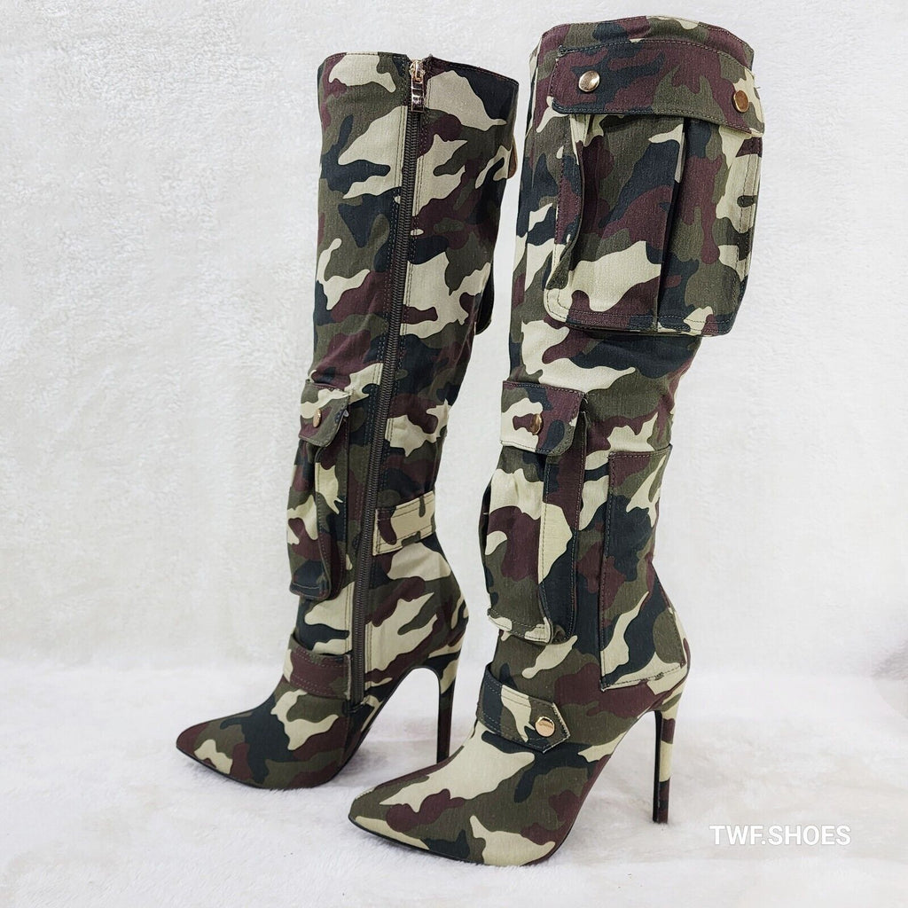 Army Girlz Canvas Camouflage Camo Cargo Knee High Stiletto Heel Boots - Totally Wicked Footwear