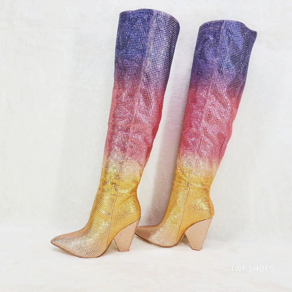 Vegas Gold Ombre Rhinestone OTK Thigh boots 4.25" Heels Party Boots Pink Purple - Totally Wicked Footwear