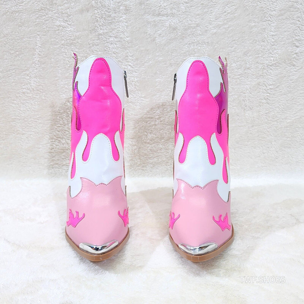 Western Flame Cowgirl Ankle Boots Pink Fire Color Block Country Rock - Totally Wicked Footwear