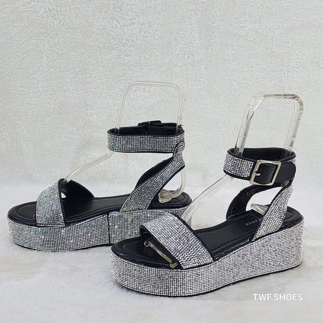 Flashy Black Ankle Strap Sparkling Rhinestone Wedge 2" Platform Sandals Comfy - Totally Wicked Footwear