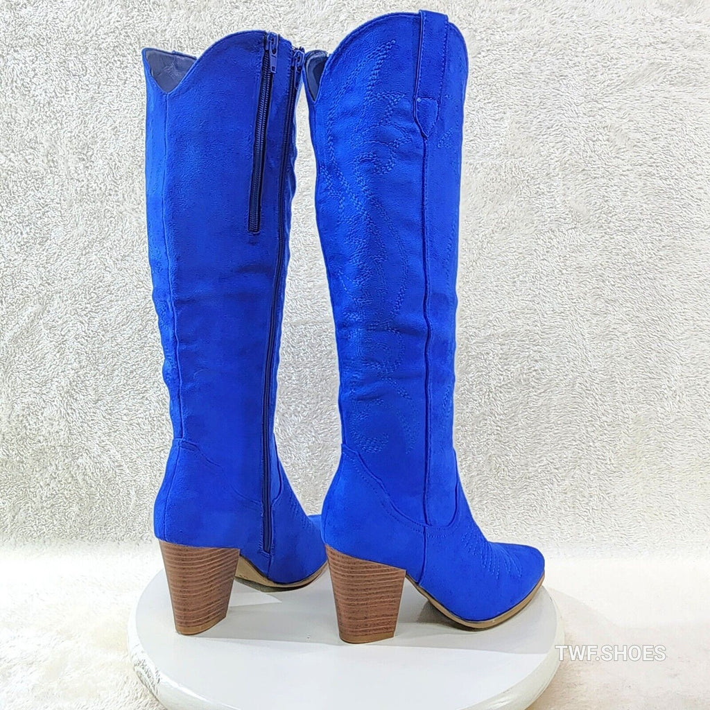 Wild Ryder Bright Deep Blue Faux Suede Country Western Cowgirl Boots - Totally Wicked Footwear