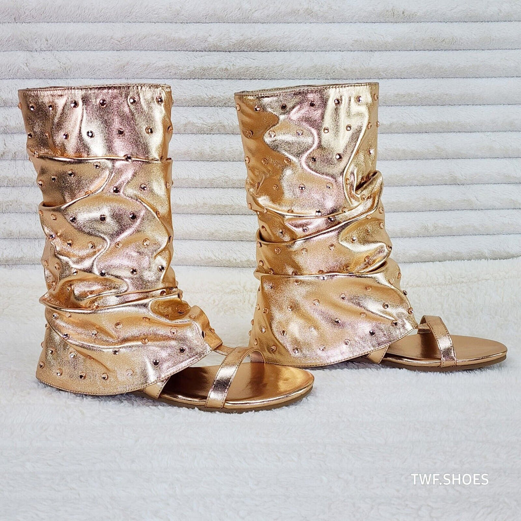 Fabulous Metallic Rose Gold Upper & Rhinestones Sandal Slouch Boots Shooties - Totally Wicked Footwear
