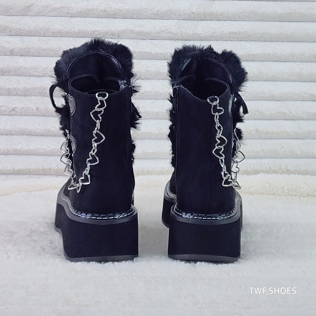 Emily Black Furry Heart Chain Goth 2" Platform Ankle Boots 55 Faux Fur - Totally Wicked Footwear