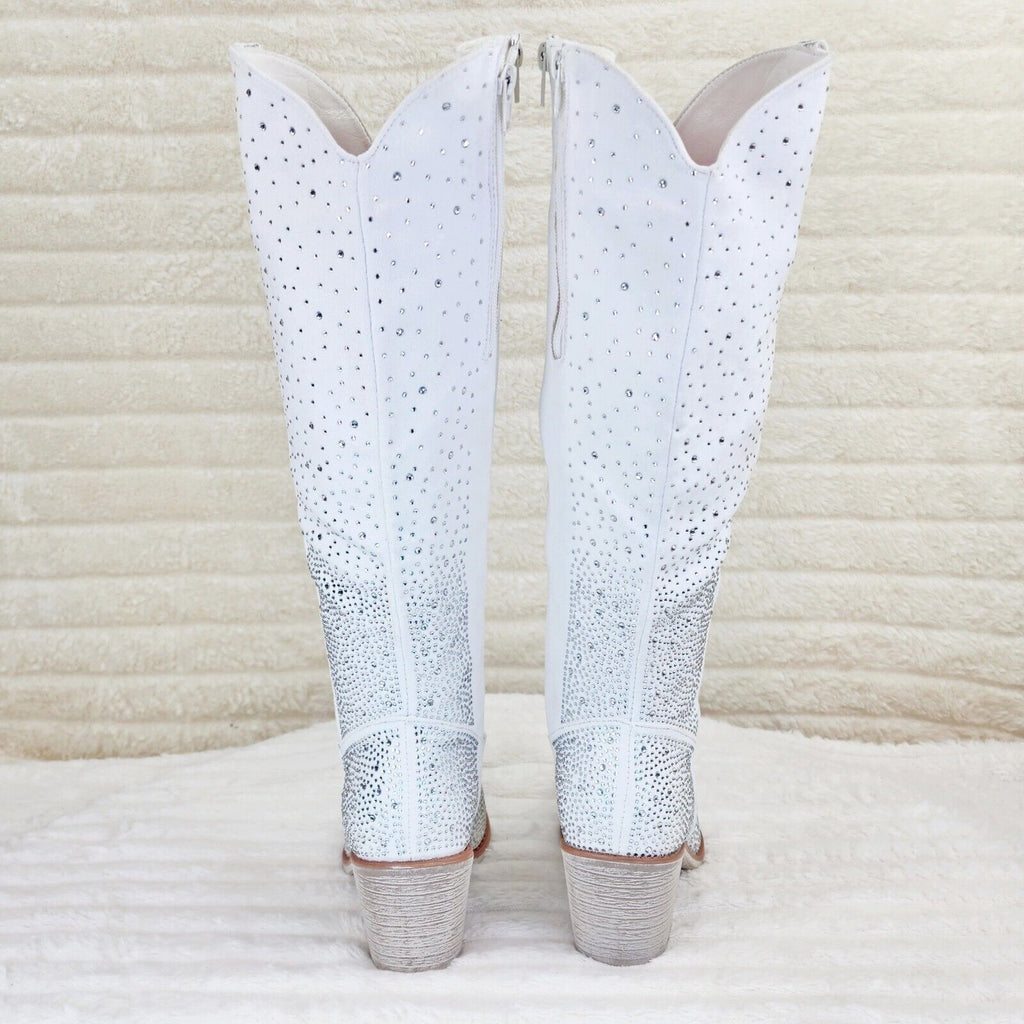 Wild Ones White Glamour Cowboy Rhinestone Cowgirl Wedding Knee Boots Tuck Zip - Totally Wicked Footwear