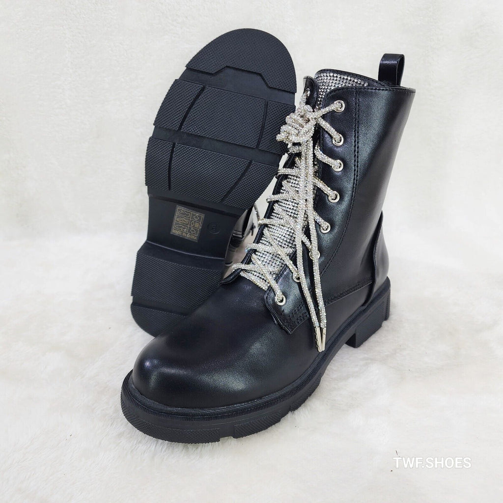 Rylee Black Combat Ankle Boots Iridescent Rhinestone Tongue & Rope Laces - Totally Wicked Footwear
