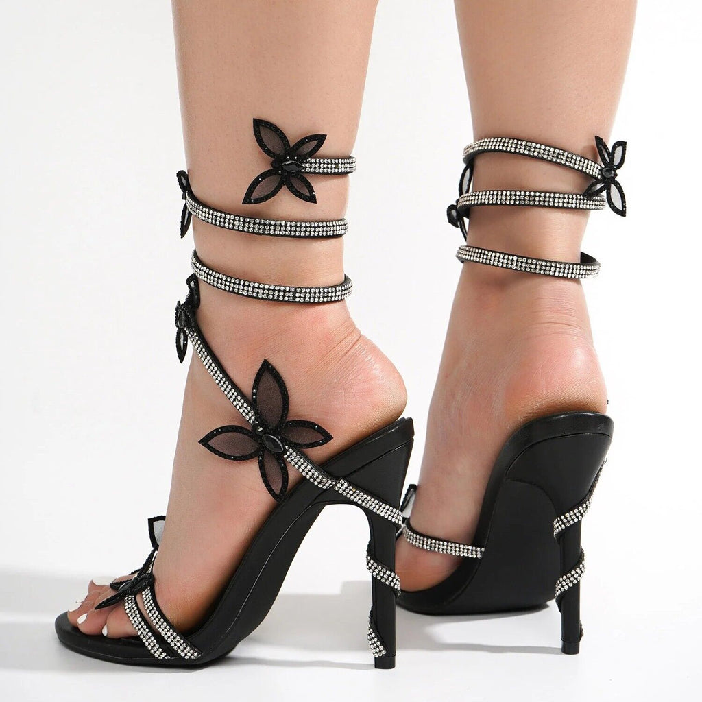 Fly Girl White Upper & Rhinestones Black Butterfly Wrap Strap High Heels - Totally Wicked Footwear