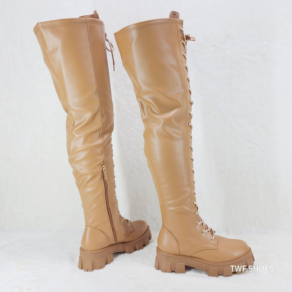 Roscoe Rose Gold Tan Combat Thigh High Boots Rose Gold Rhinestone Tongue - Totally Wicked Footwear