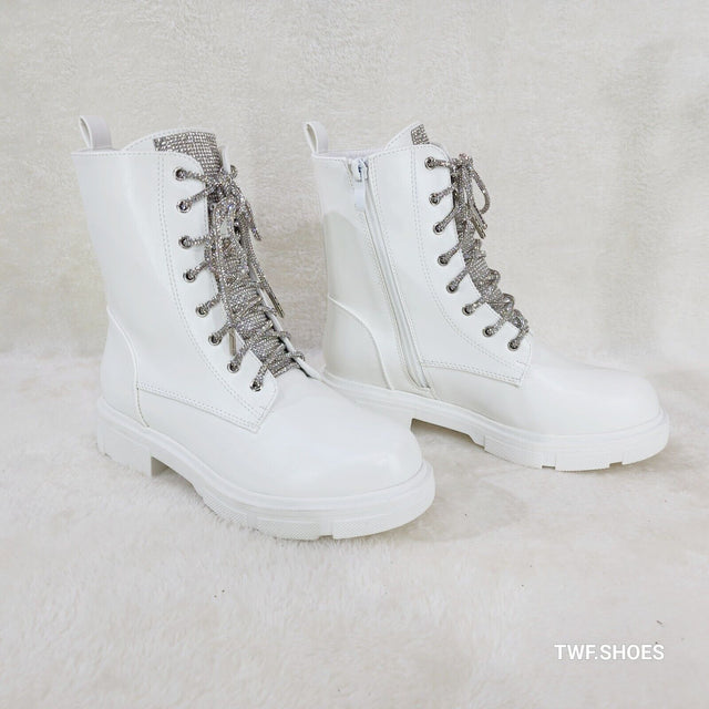 Rylee White Combat Ankle Boots Iridescent Rhinestone Tongue & Rope Laces - Totally Wicked Footwear