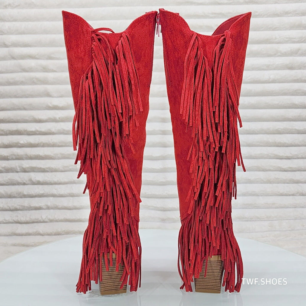 Dusty Roads Red Faux Suede Back Fringe Western Cowgirl Boots - Totally Wicked Footwear