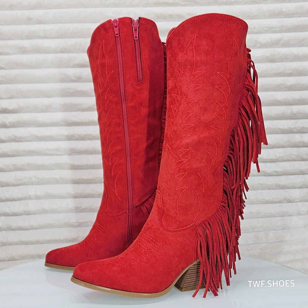 Dusty Roads Red Faux Suede Back Fringe Western Cowgirl Boots - Totally Wicked Footwear