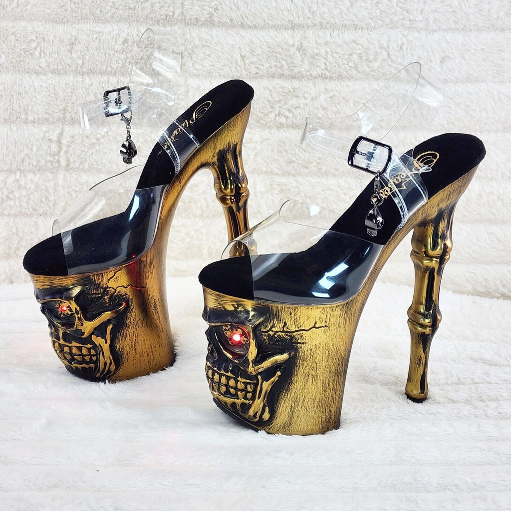 Rapture Clear Upper Brass Skull & Bones LED 8" High Heel Platform Shoes 5-10 NY - Totally Wicked Footwear