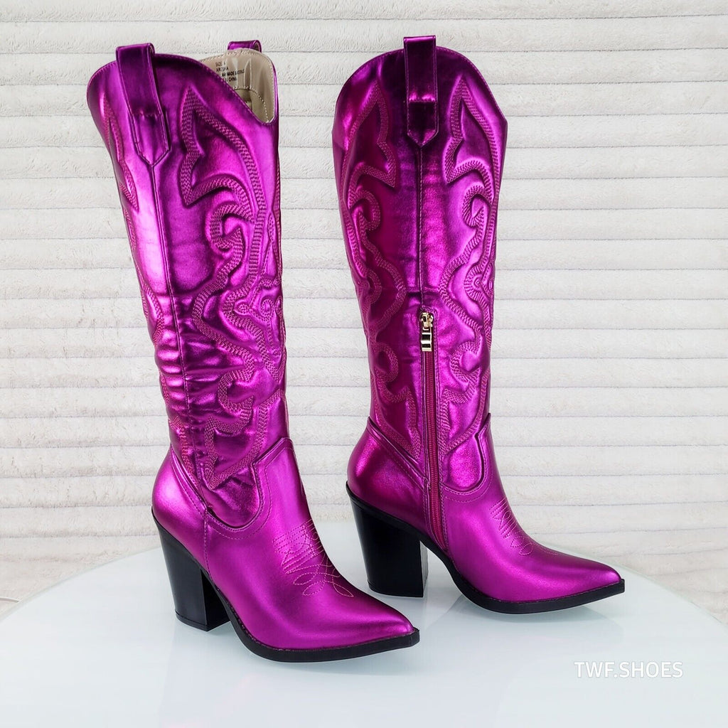 Electric Cowboy Metallic Matte Western Knee High Cowgirl Boots Hot Fuchsia Pink - Totally Wicked Footwear